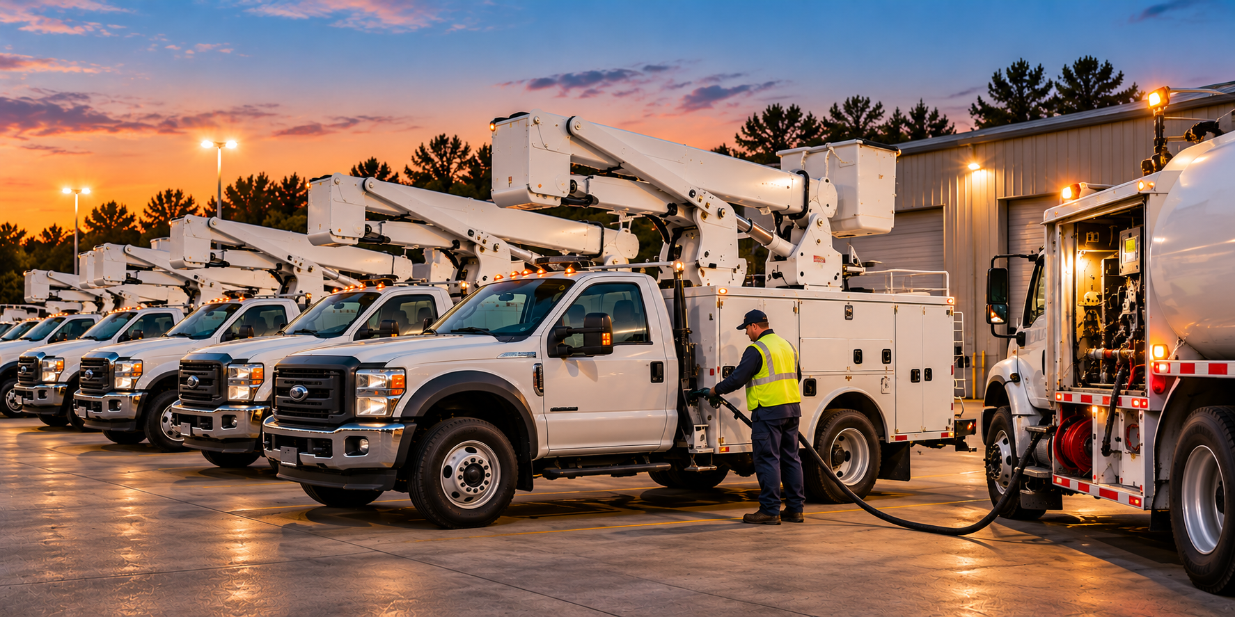 White utility bucket trucks being fueled at a service yard at sunset