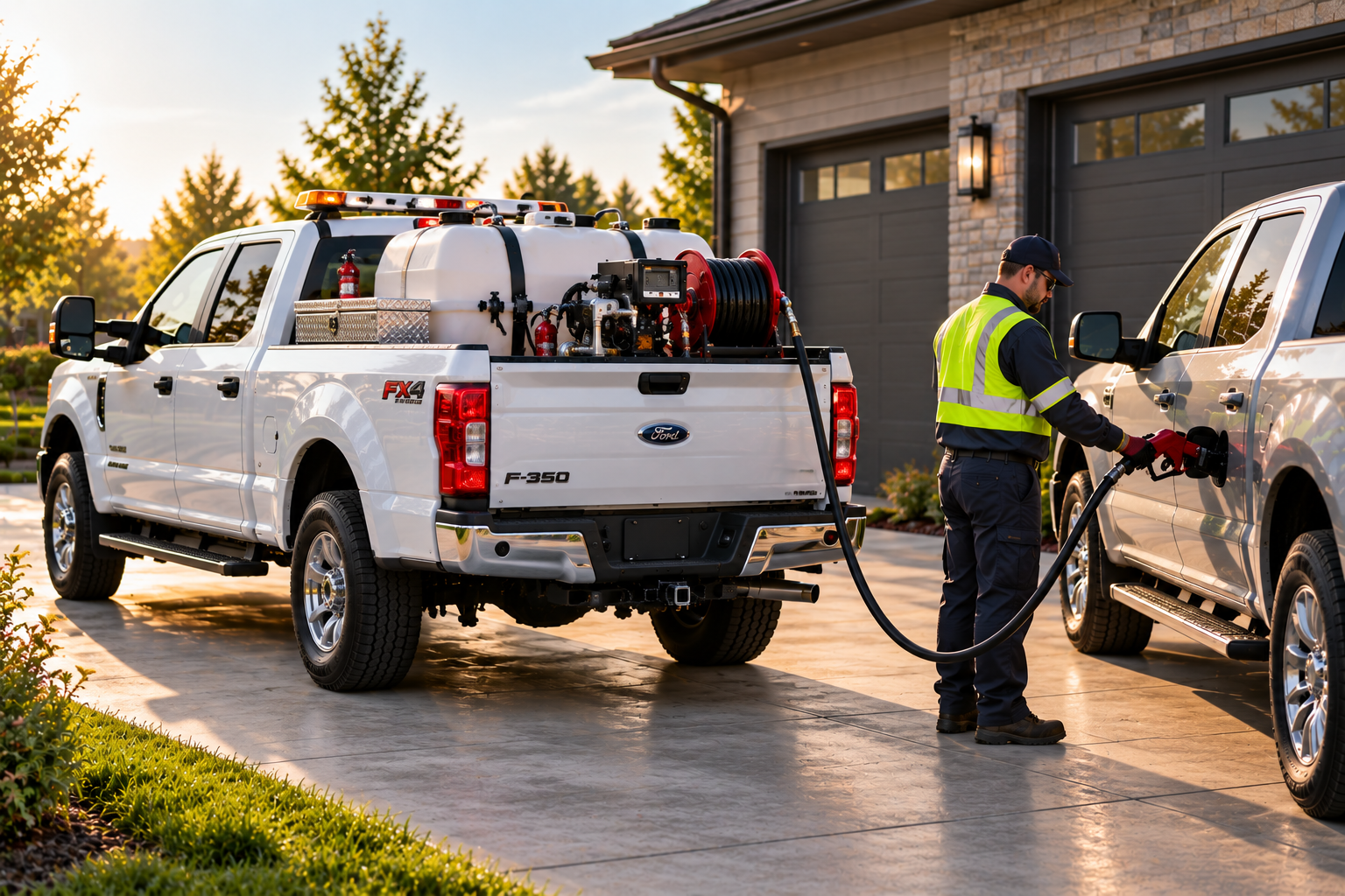 All Fueled Up service truck fueling a pickup in a residential driveway